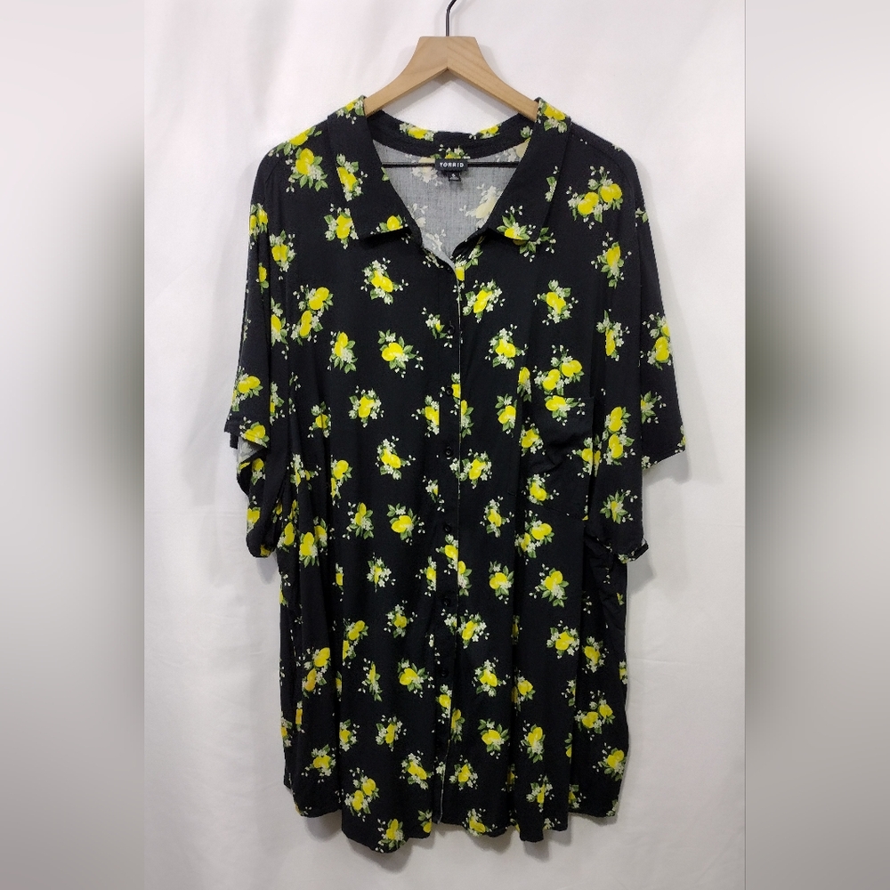 Torrid Floral Stretch Challis Button-Front Shirt Womens 6X Black Yellow Boho
